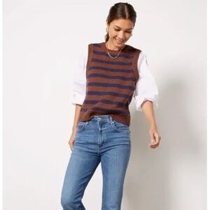 Evereve Striped Sweater Vest Layered Poplin Blouse | Brown & Navy | XS